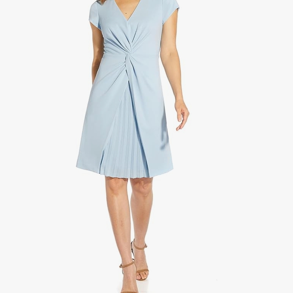 Adrianna Papell Blue A-Line Midi Dress with V-Neck